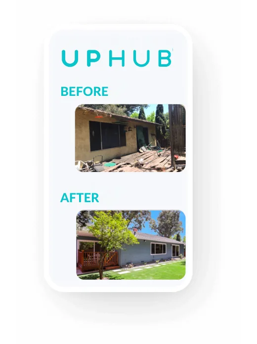 UpHub project page with before and after photos of a house exterior
