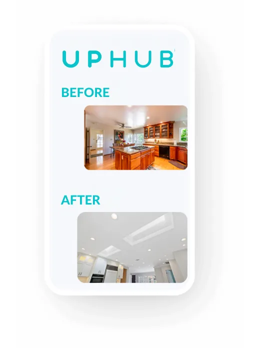 UpHub project page with before and after photos of a kitchen